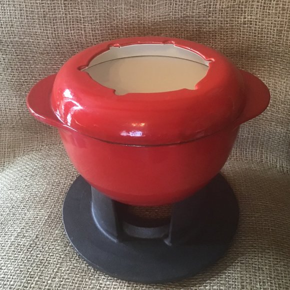 Cast Iron Enamel Fondue Set with Cast Iron Stand - Picture 1 of 12